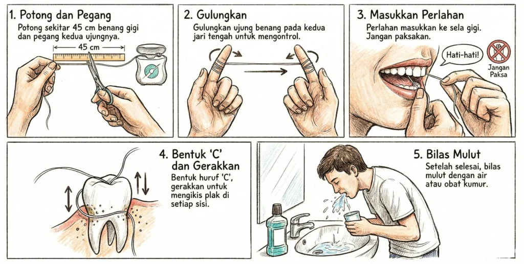 Flossing gigi adalah proses sederhana yang dapat membantu mencegah berbagai masalah kesehatan mulut, seperti gigi berlubang dan penyakit gusi.